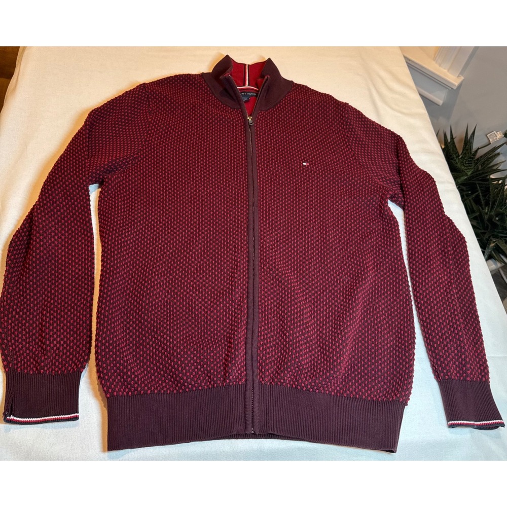 Tommy Hilfiger Mens Burgundy Textured Knit Full Zip Cardigan‎ Sweater L G Cotton